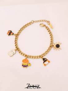 1 pieza Brazalete de acero inoxidable con dije de casa de bruja, araña, fantasma y calabaza para mujeres. Colgante de esmalte de Halloween en cadena para joyería de moda y regalos de fiesta.