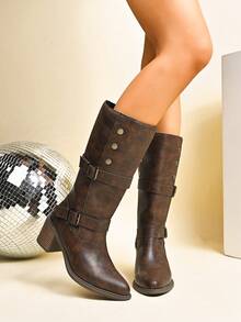 Women's Fashion Boots, High Heel Chunky Heel Boots, Solid Color Western Style Buckle Rivet Decor Women's Mid-Calf Boots, Sexy Pointed Toe, Suitable For Holidays