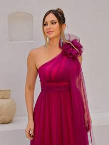 Long One-Shoulder Dress With Glittery Flower - Rose Red - View 3