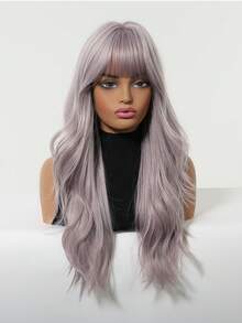 24 Inch Long Wavy Wig With Bangs, Dark Color Ombre Red Synthetic Hair Wig For Women, Heat Resistant Cosplay Wig Suitable For Daily Wear, Party, Costume, Gift For Girlfriend, Music Festival - 淡紫色 - 查看 4