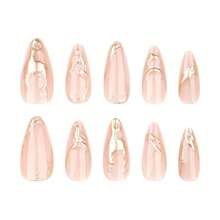 1 Box Of 24 Pieces / Simple Manicure False Nails Gold Paste 3D Wearable Nail Pieces Short Almond-Shaped Wearable Nail Stickers Wedding Party Holiday Gifts - Gold - View 5