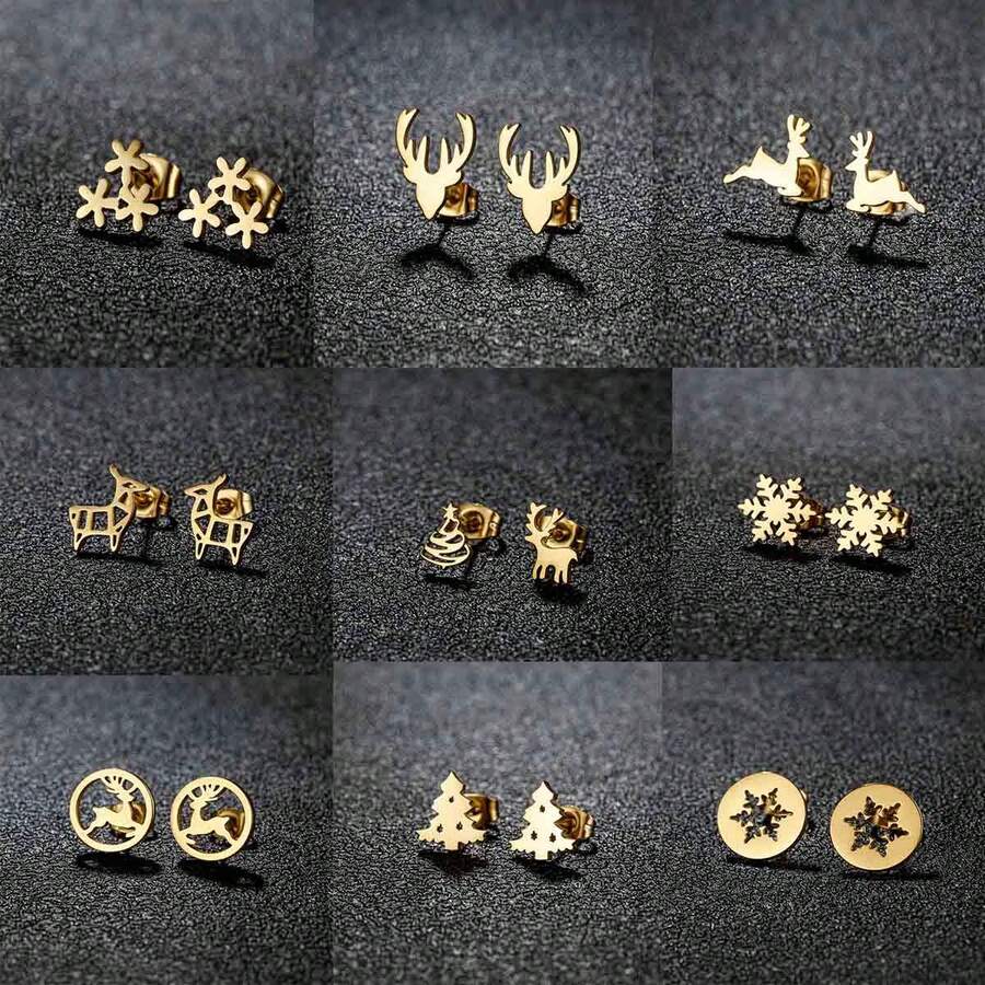 1 Paar modische Edelstahl Schneeflocken, Hirsch und Weihnachtsbaum Ohrstecker mit süßen und einfachen Designs, perfekt als Geschenk für Weihnachtspartys