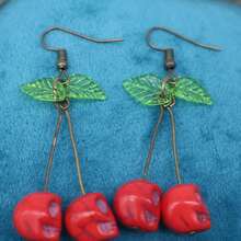 1pair Punk Exaggerated Red Skull Cherry Shaped Dangle Earrings, Punk Retro Earrings - Màu Bạc Cổ - Xem 5