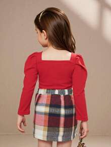 Anewsta 2pcs/Set Young Girl Christmas Outfit - Ruffle Crew Neck Red T-Shirt Top Paired With Classic Red & White Plaid Flannel Asymmetrical Skirt, Casual Daily Fashion, Suitable For Christmas & Other Occasions, Autumn/Winter
