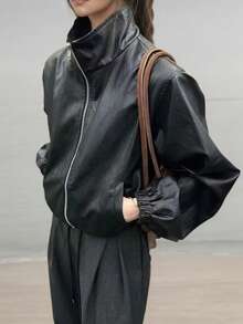 Women's Solid Black PU Leather Jacket, Stand Collar Zipper Pockets For Daily Commute & Outdoor Wear, Elastic Cuffs, Lined, Retro Regular Fit, New Spring/Autumn/Winter Coat