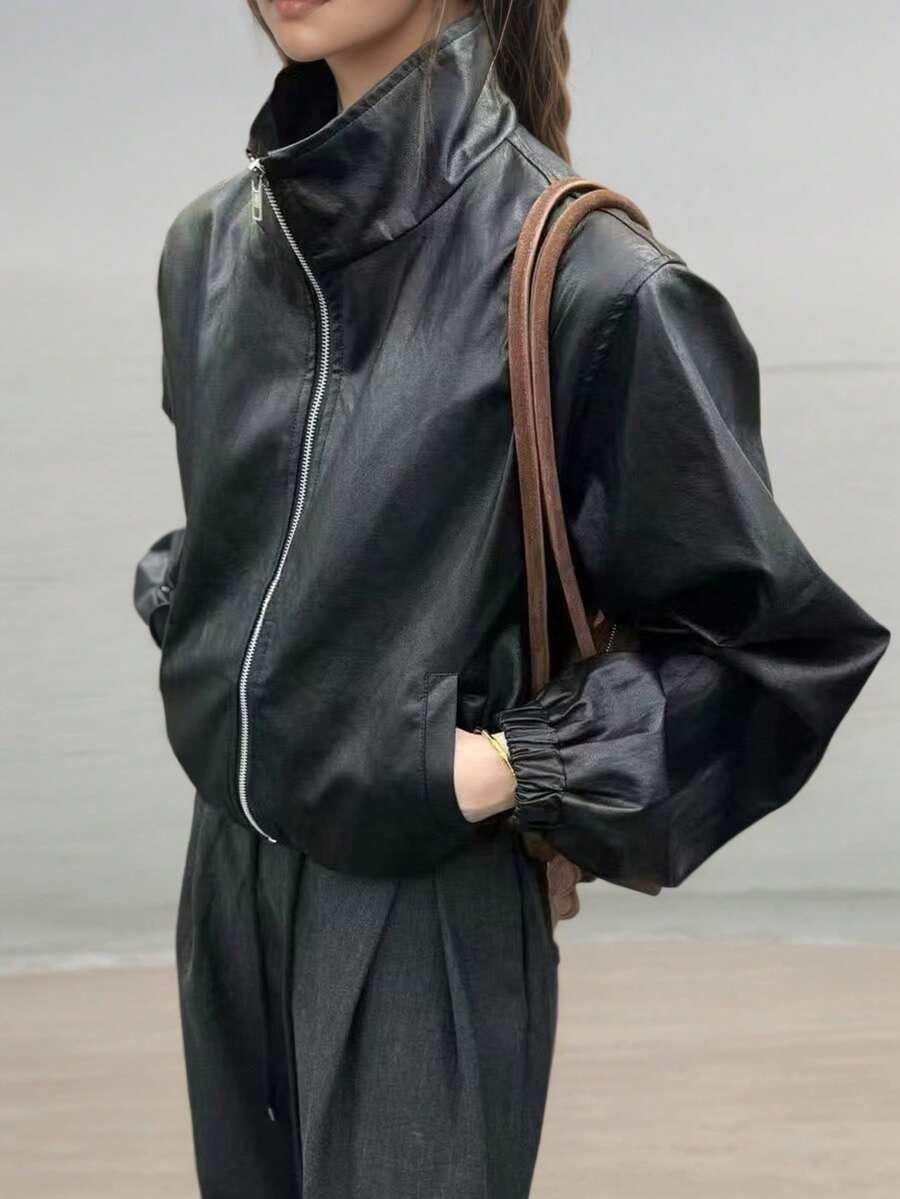 Women's Solid Black PU Leather Jacket, Stand Collar Zipper Pockets For Daily Commute & Outdoor Wear, Elastic Cuffs, Lined, Retro Regular Fit, New Spring/Autumn/Winter Coat