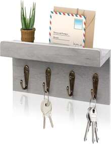 HRONRAD Rustic Key Holder For Wall, Farmhouse Wall Shelf With 4 Hooks, Wall Mounted Key Racks, Wooden Mail Organizer With Hooks For Entryway (Brown) - MàuE - Xem 1