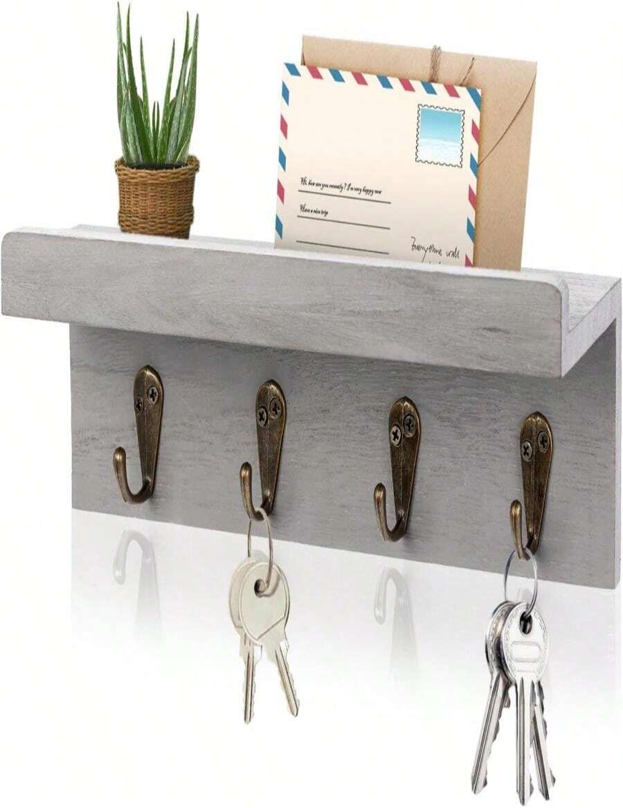 HRONRAD Rustic Key Holder For Wall, Farmhouse Wall Shelf With 4 Hooks, Wall Mounted Key Racks, Wooden Mail Organizer With Hooks For Entryway (Brown) - MàuE - Xem 1