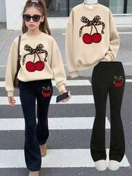 Set de 2 piezas de sudadera con estampado de cerezas dulce y fresco para niña, suave y amigable con la piel, uso casual diario para primavera y otoño