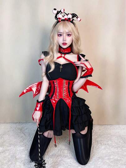 Halloween Sexy Little Devil Maid Costume Sweet Witch Devil Dark Elf Vampire Komori Cosplay Costume(Five-Piece Set)