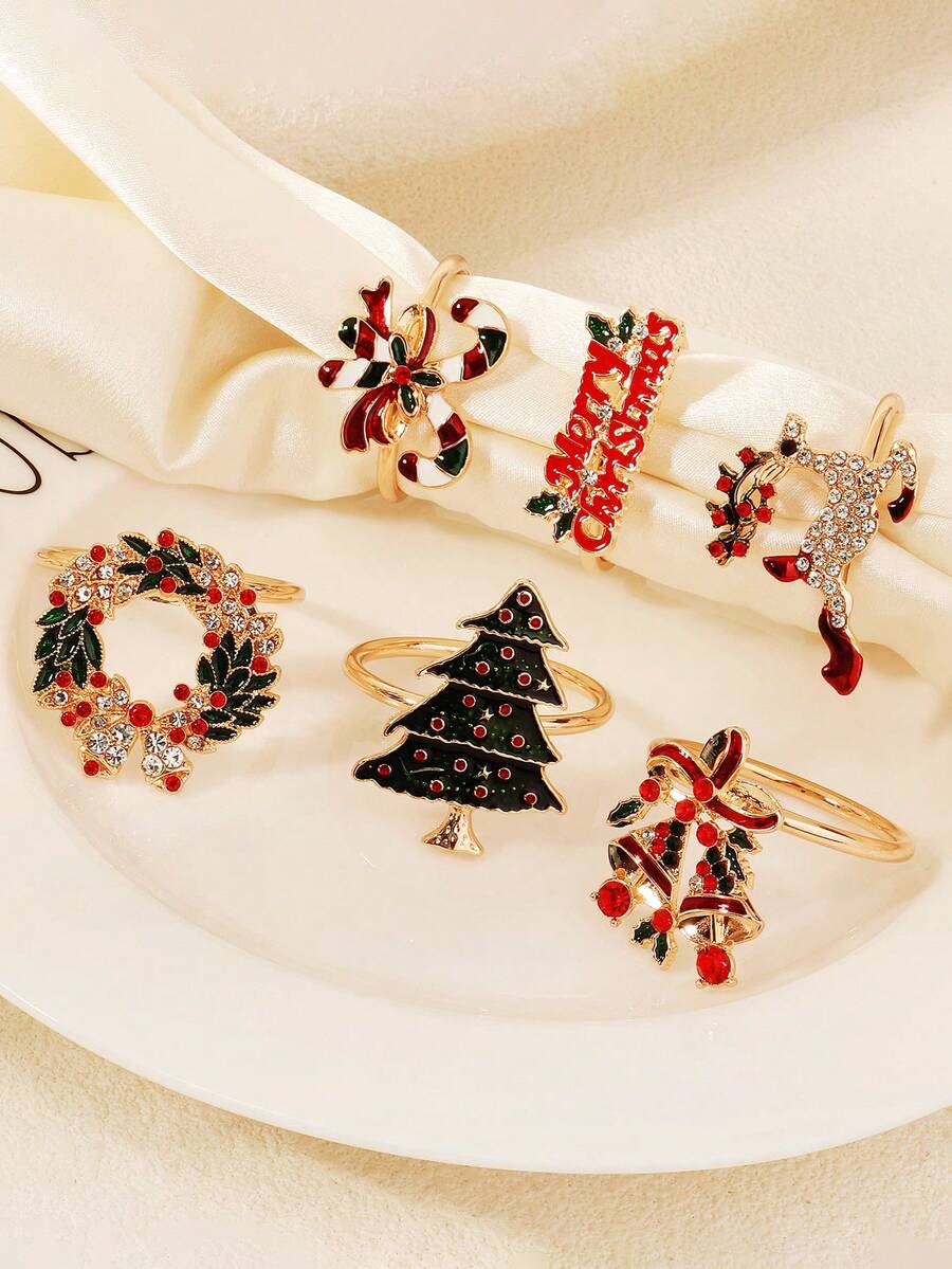 6pcs/Set Christmas Element Wedding Party Napkin Rings, Fashionable & Unique Party Christmas Wreath