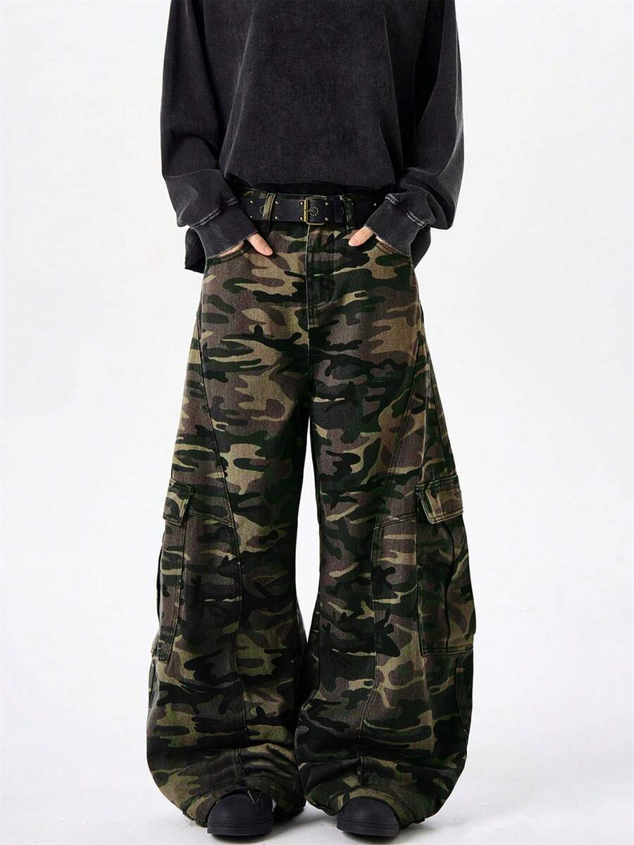 1 Quần Jeans Cargo Phong Cách Mỹ Retro Justice Brother, Thiết Kế Chắp Vá, Quần Ống Rộng Dáng Rộng Thường Ngày (Không Bao Gồm Thắt Lưng Và Phụ Kiện) - Nhiều màu - Xem 1