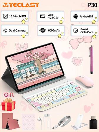  Teclast P30 10.1 英寸平板电脑（Android 15、T606 8 核、12GB（4GB+8GB 虚拟）RAM、128GB ROM、1280*800 HD IPS 显示屏、WiFi、6000mAh 电池、Type-C 充电、2MP 前置 5MP 后置摄像头）2 合 1 平板电脑、粉色平板电脑保护套、带彩色键盘和无线鼠标、鼠标垫配件包
