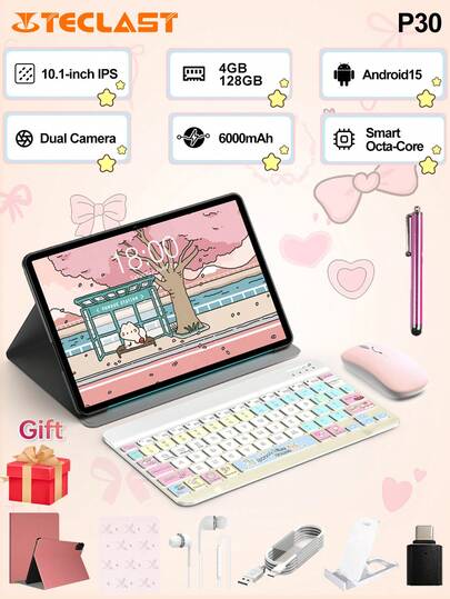  Teclast P30 10.1 Inch Tablet (Android 15, T606 Octa-Core Processor, 12GB (4GB+8GB Virtual Memory) RAM, 128GB Storage, 1280*800 HD IPS Display, WiFi, 6000mAh Battery, Type-C Charging, 2MP Front Camera, 5MP Rear Camera) 2-In-1 Tablet, Pink Tablet Protective Case, Includes Colorful Keyboard, Wireless Mouse And Mouse Pad Accessory Set