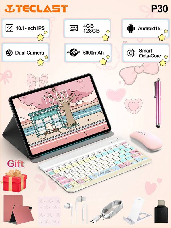 Teclast Teclast P30 10.1 Inch Tablet (Android 15,T606 8-Core,12GB(4GB+8GB Virtual) RAM,128GB ROM,1280*800 HD IPS Display, WiFi,6000mAhBattery,Type-C Charging,2MP Front 5MP Back Camera )2in 1 Tablet PC,Pink Tablet Case ,With Color Keyboard &Wireless Mouse,Mouse Pad Accessories Bundle