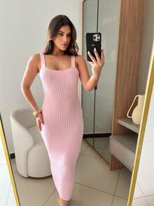Ribbed Modal Knit Midi Dress With Wide Straps – One Size - Màu Hồng baby - Xem 1