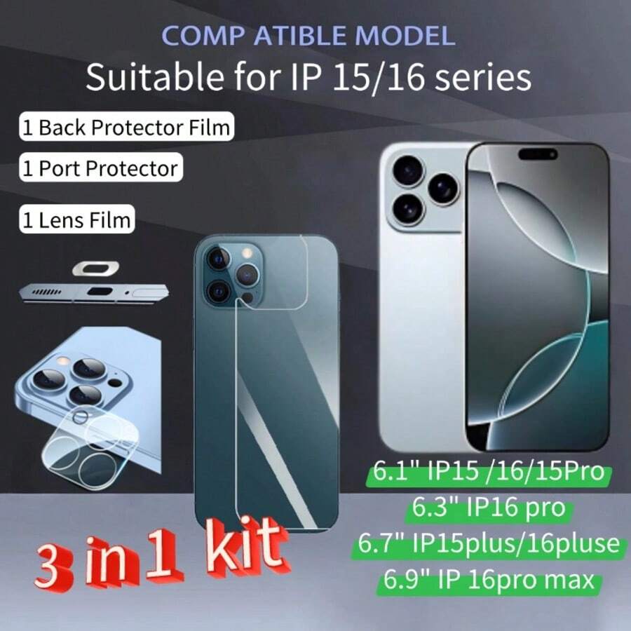 [Kit 3 en 1] Kit de protección completa compatible con iPhone 15 Plus/16/17 Pro Max - Película protectora para la parte trasera + Protector de lente de cámara + Protector de puerto, anti-arañazos, compatible con fundas, protector de pantalla de vidrio anti-arañazos y anti-huellas dactilares, sin burbujas, ultra claro con 99.99% de transparencia