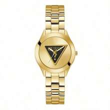 Guess Reloj de cuarzo de moda para mujer con placa triple, esfera triangular con logotipo azul y dorado rosa, y caja de acero inoxidable, adecuado para uso diario, fiesta, calle y un regalo genial para dama. GW0675L1/GW0675L2/GW0675L3