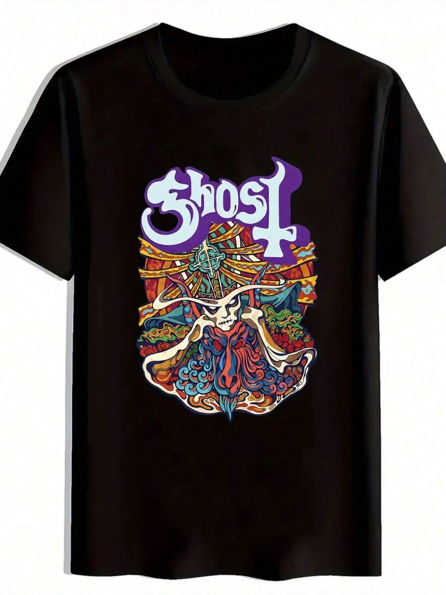 Ghost Band, Camiseta básica esencial para hombres con estampado de banda fantasma, nueva  de moda, manga corta, estilo casual diario, estilo cómodo para las cuatro estaciones - Negro - Ver 1