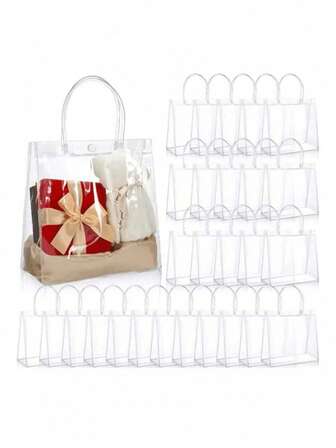 50pcs Transparent PVC Christmas Gift Bags With Handles And Buttons, Reusable Holiday Party Gift Bags For Halloween And Christmas Celebrations