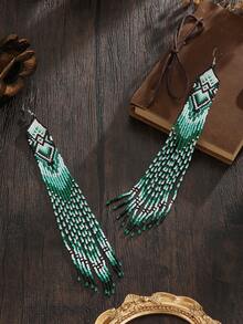 1 Pair Women's Fashion Bohemian Style Long Tassel Earrings With Blue, Brown, Gold And Black Beaded Geometric Design, Elegant Handmade Versatile Jewelry For Daily And Party Wear, Great Gift For Holidays