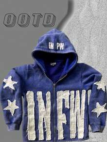 Oversized Zip-Up Hoodie For Men - Infw Letter Embroidered Pattern Casual Jacket - Street Hip-Hop Style Couple Outfit Jacket,  Blue Jacket & Blue Sweater Winter Clothes For Women - 藍色 - 查看 2
