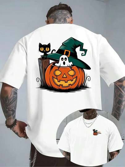 Camiseta de Halloween con Calabaza Fantasma y Gato  100% algodón Cómodo Corte ajustado Estilo urbano chic - Esencial atemporal del armario