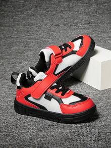 1 par de zapatillas casuales para niños, de tela y diseño, planas, transpirables, elásticas, suaves, ligeras, antideslizantes, con , adecuadas para correr, caminar, todo el año, primavera/otoño - negro rojo - Ver 3