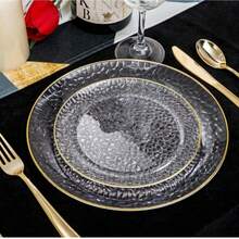 50/25/12 Pieces Transparent Gold Plastic Cutlery Set, Hammer Edged Party Plates With Gold Trim, Reusable Transparent Plates Suitable For Banquets And Appetizers - Perfect For Parties, Weddings, Birthdays, And Dining Events (Christmas/Valentine's Day/Mother's Day), Wedding Utensils, Event Table Supplies, Fashionable Plates, Elegant Utensils, Lightweight Plates, Durable Plastic Materials, Family Entertainers, Catering Services - 透明 - 查看 8