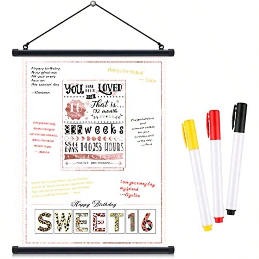 TLL Teling Sweet 16 Birthday Poster Decorations Rose Gold Wall Art Group Signature Hanging Poster 16th Guest Book Alternative Congrats Birthday Party Supplies For Women Girls With 3 Marker Pens6374 - 如圖 - 查看 1