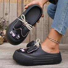 Women's Mule Clogs - Women's Mule Clogs, Black Spring Summer Casual Mule Clogs, Fashionable Cute Mule Clogs, Thick Sole Lace Up Patch Mule Clogs, Outdoor Daily New Mule Clogs - màu đen - Xem 5