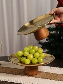 1 pieza Soporte para pastel de acero inoxidable con base de madera, plato para exhibir postres, bandeja multifuncional para frutas, adecuado para decoración de mesa de comedor, uso doméstico y de cocina, apto para el Ramadán - Dorado - Ver 3
