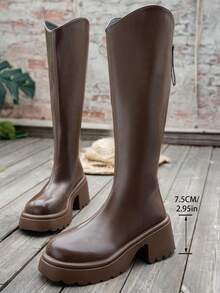 秋冬季V领粗跟弹力中筒女靴 - 棕色 - 查看 7