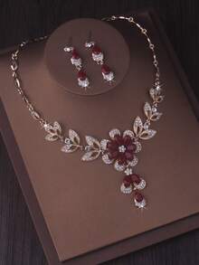 1 Set Women's Teardrop Flower Earrings & Necklace, Red/Blue/Black Teardrop Flower Tassel Necklace, Elegant Delicate Clavicle Chain, Luxury High-End Earrings Jewelry Set