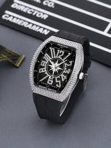 1pc Men's Luxury Starry Sky Barrel Shaped Watch With Silicone Strap - Black and White - View 9