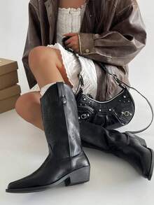 女士尖头粗跟靴，经典黑色纯色及印花高筒靴，时尚长靴，西部风格