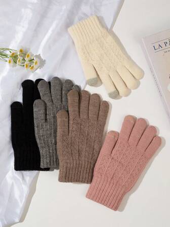 1 Pair Solid Color Acrylic Jacquard Five Finger Gloves, Warm Double-Layer Touchscreen Gloves For Dating, School, Daily Life, Winter, Suitable For Outdoor, Cycling, Minimalist And Fashionable