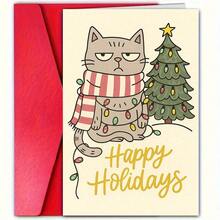 1pc Funny Christmas Card - Cute Scowling Cat With Red & White Scarf, Beige Background - Holiday Greeting Card For Friends, Family, Coworkers - Christmas Party, Office, Or Everyday Decoration - No Batteries Needed - Perfect Christmas Gift Idea, Festive Stationery, Whimsical Design, Durable Paper, Office Workers, White Christmas Cat Card,