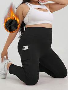 Winter 1pc Plus Size Ribbed Brushed Leggings For Yoga, Outer Wear, With 4 Pockets, Front Design For No Embarrassment, Double-Layer Waistband For Tummy Control, Autumn/Winter