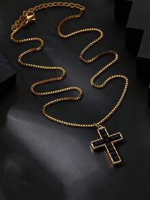 Inlaid Square Zirconia Cross Necklace For Men 18K Gold Plated Box Chain Stainless Steel Necklaces Luxury Design Cross Charm Jesus Religious Style Jewelry Daily Wear
