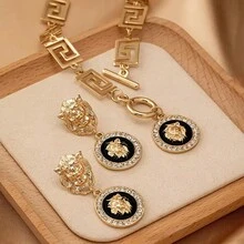 Gold Lion Drop Earrings And Necklace Ring Sets Vintage Pendant Necklace Set For Women Hip Hop Adjustable Valentine's Day Wedding Jewelry Set - 金色 - 查看 10