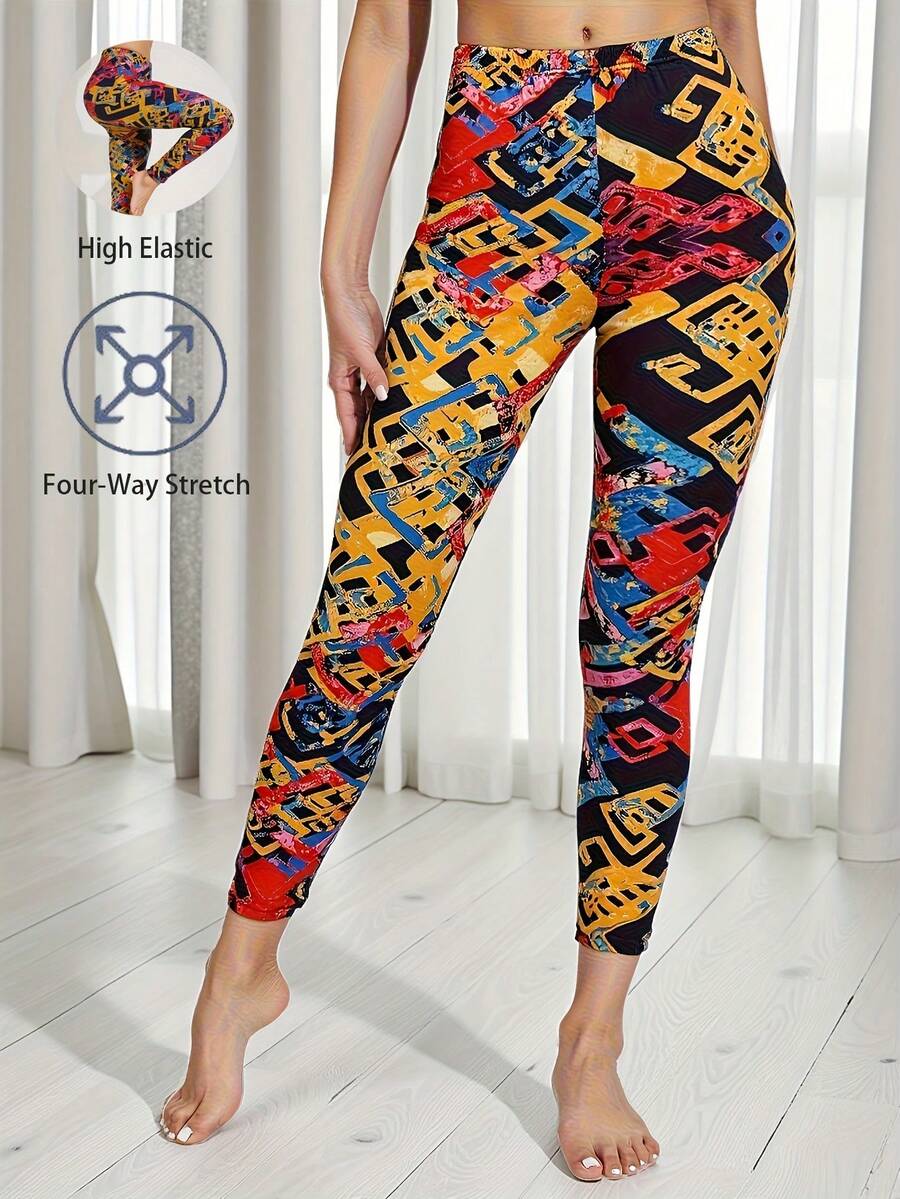 Autumn/Winter New Geometric Abstract Design Soft & Comfortable High Stretch Leggings For Women, Suitable For Home, Exercise, Yoga, Shaping, Lifting, Casual, Outdoor, Travel, Shopping, Fitness, Commuting, Street, Music Festival, Party, Gift