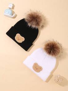 3-Piece Double Ball Decorated Bear Embroidery Knitted Hat Combination, Fashion Cute Bear, Suitable For Daily Leisure Collocation