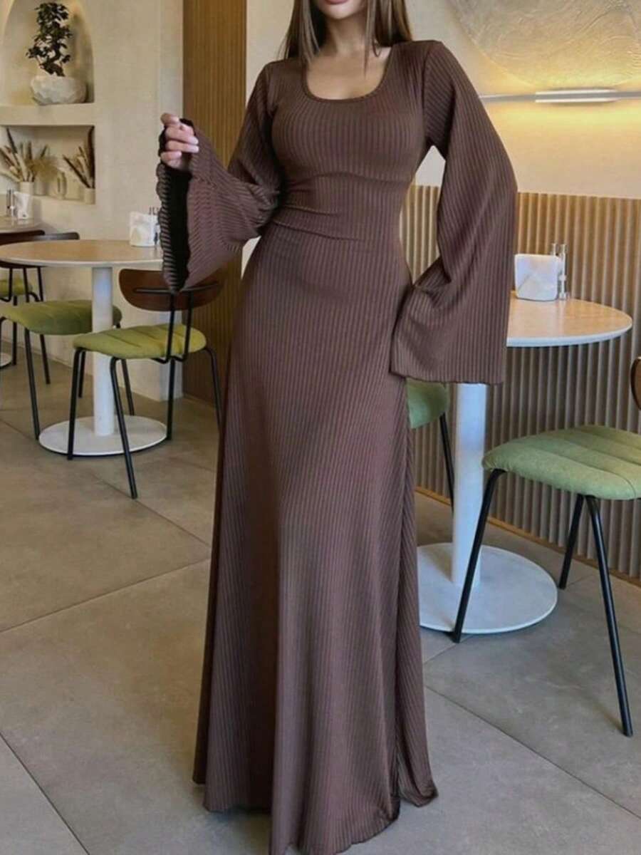 SuofeiMan 女士方领喇叭袖长袖连衣裙，女士优雅长裙，女士派对礼服，春夏派对礼服，修身长裙，舒适面料 - 棕色 - 查看 1