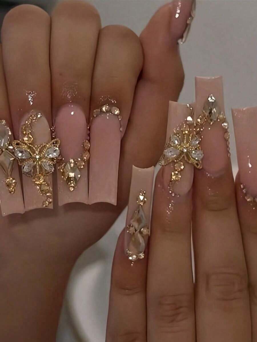24pcs Long Coffin Shaped Luxury French Manicure Nail Stickers, Black & Gold Glitter Design With 3D Pearl Decor, Suitable For Women & Girls To Wear For Parties, Galas Or Daily Use - 多色 7 - 查看 1