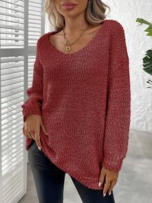 Plus Size Solid Color Crew Neck Casual Long Sleeve Knit Sweater - Burgundy - View 4