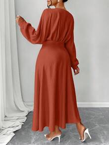 AIJ 女士秋季杏色V领收腰长袖连衣裙，适合日常生活和通勤上班，优雅春季款 - 棕色 - 查看 2