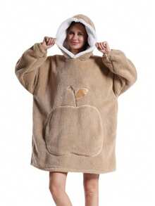 1pc Cozy Plush Fleece Hooded Blanket Sweatshirt - Reversible Oversized Unisex Adult Wearable Throw With Big Pocket, Light Gray, Hand Wash Only, Perfect Gift For Mom, Cute Sweater, Winter Warmth, Playful Fruit Design, Comfortable Fabric, Winter Comfort,Comfortable Flannel, A Must-Have For Halloween And Christmas, Nightgown, Warm And Cold-Proof
