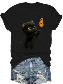 [Camiseta de Moda Casual] Camiseta de mujer suave y cómoda - Gatito lindo mariposa juego casual de manga corta cuello redondo, regalo perfecto para la abuela y la mamá, uso casual de primavera y verano - Negro - Ver 1