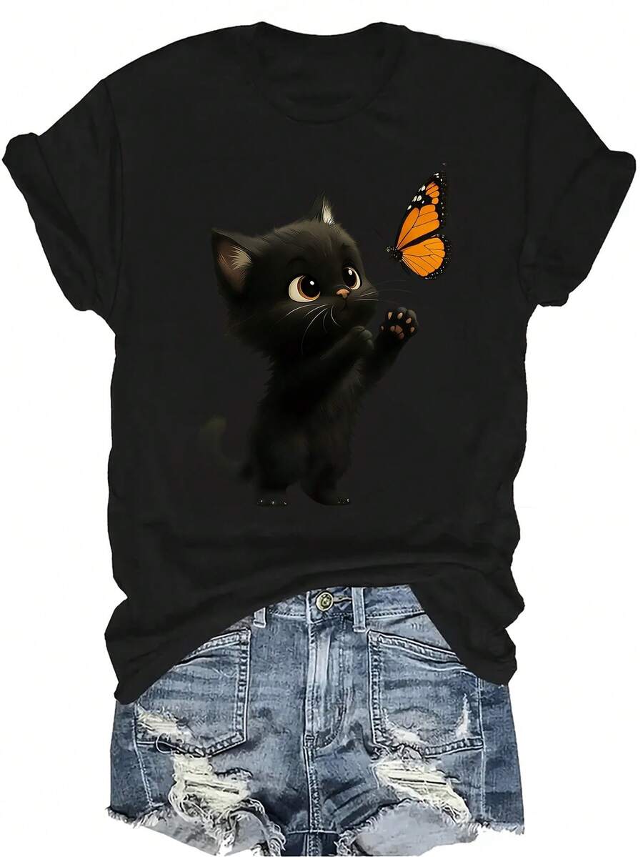 [Camiseta de Moda Casual] Camiseta de mujer suave y cómoda - Gatito lindo mariposa juego casual de manga corta cuello redondo, regalo perfecto para la abuela y la mamá, uso casual de primavera y verano - Negro - Ver 1